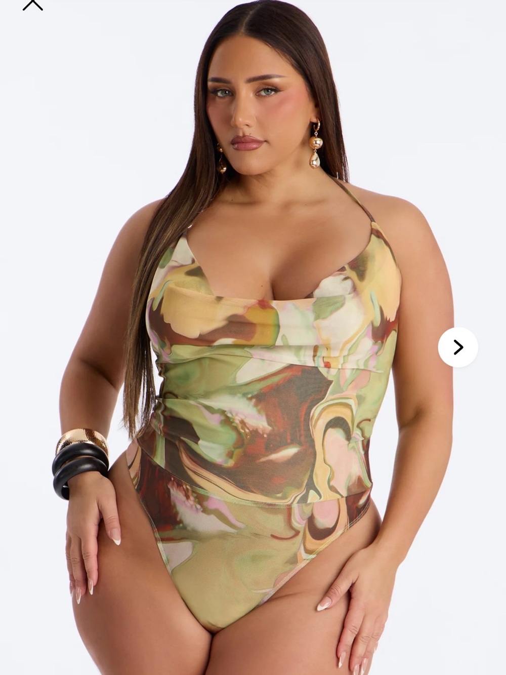 Fashion Nova Marble Halter Bodysuit in Olive Green and Brown